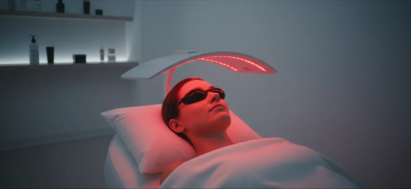 Client relaxing under a red light therapy arch